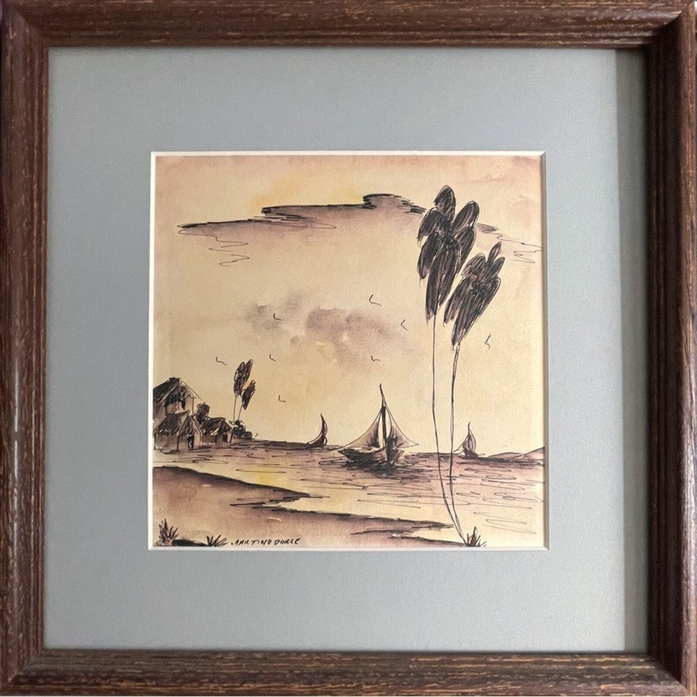 Signed Martino Dorce Watercolor Painting Haitian Sail Boat Original Ink Paper